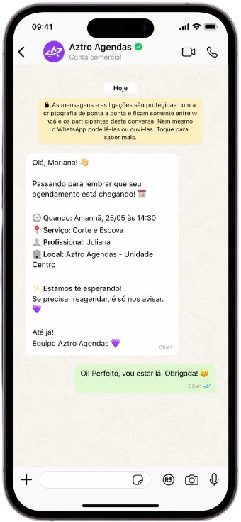 Tela de celular com um lembrete de agendamento enviado pelo WhatsApp