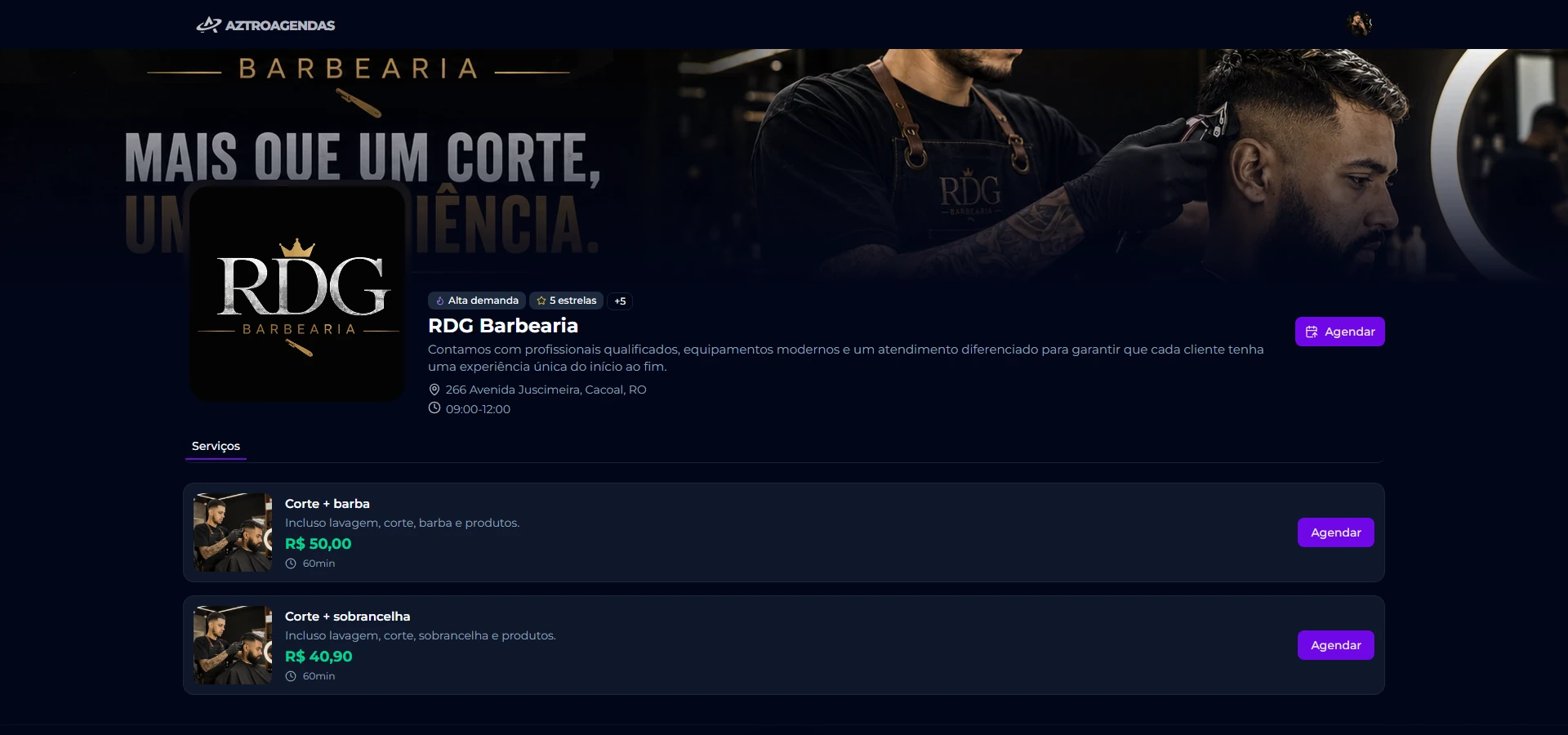 Página de agendamento da barbearia RN Barber criada com a AztroAgendas